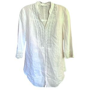 Promod Women's Cotton Linen Blend Tunic Top w/ Lace Details Size S White